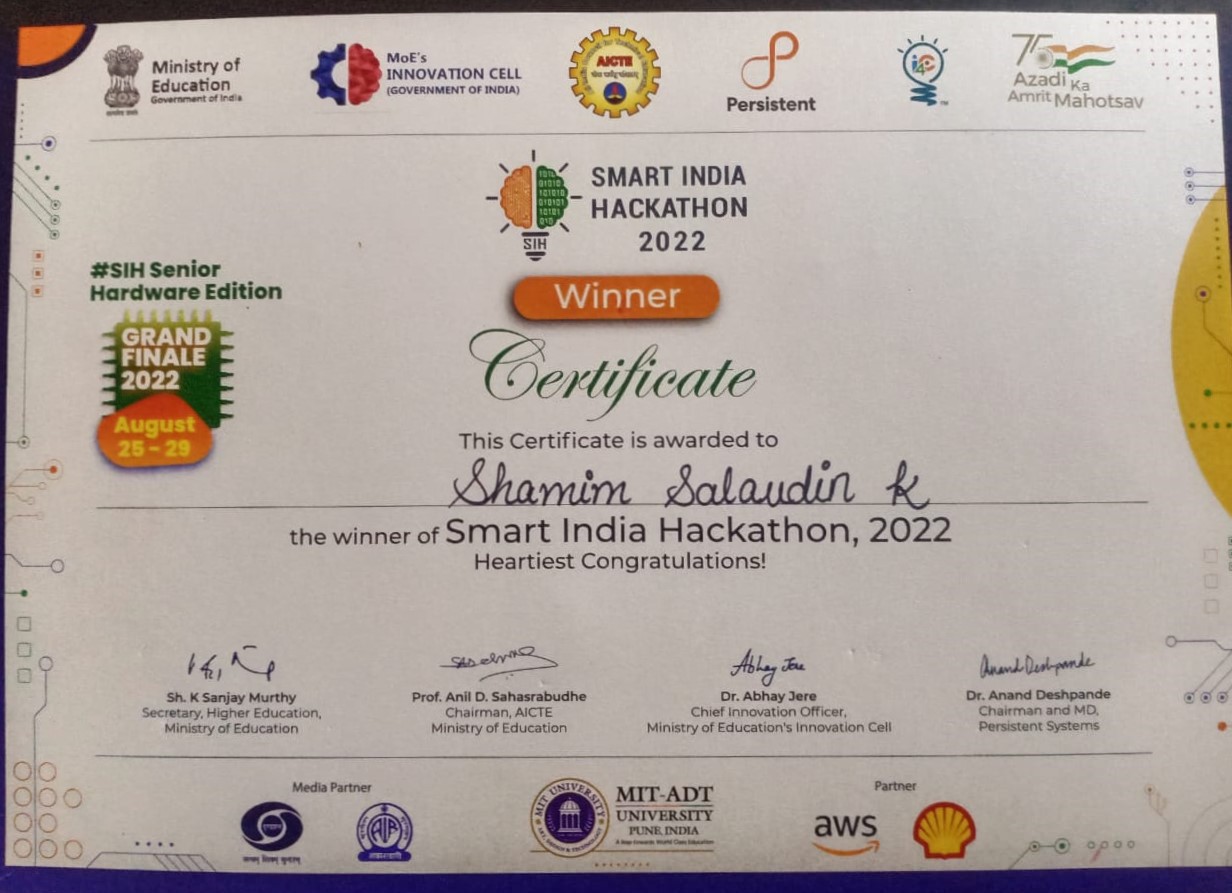 Smart India Hackathon Certificate