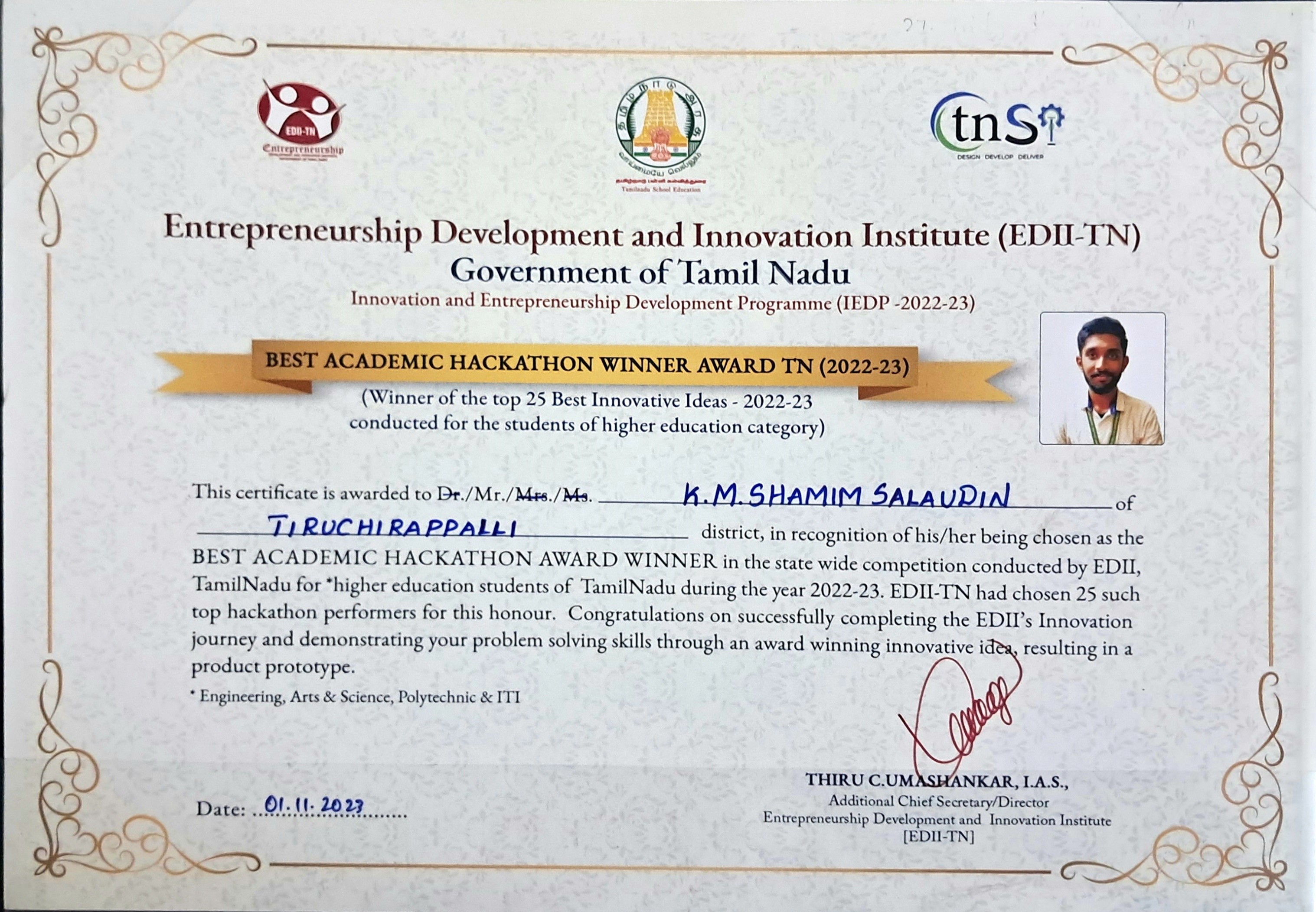 Best Academic Hackathon Winner Award Certificate